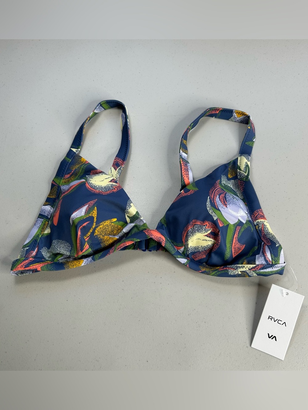 Rvca Pixie Hi Tri Recycled Floral Printed Women's Swim Bikini Top M Neptune Blue
